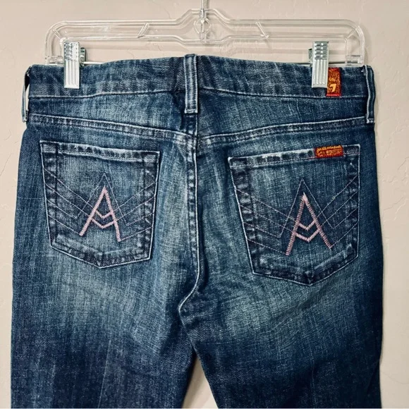 7 For All Mankind Jeans "A" Pocket Bootcut Dark Wash Denim Pink Stitch SZ 28 NEW - Picture 6 of 16